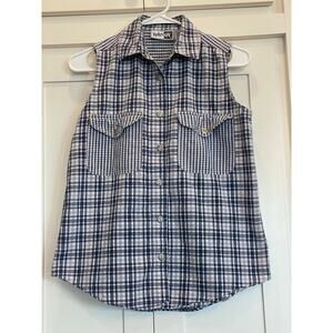 Krazy Kat blue plaid gingham camp shirt mixed media 100% Cotton SM